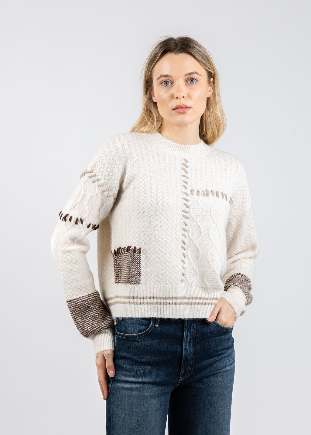 BK Patchwork Cropped Sweater in Ivory Combo available at Barbara Katz