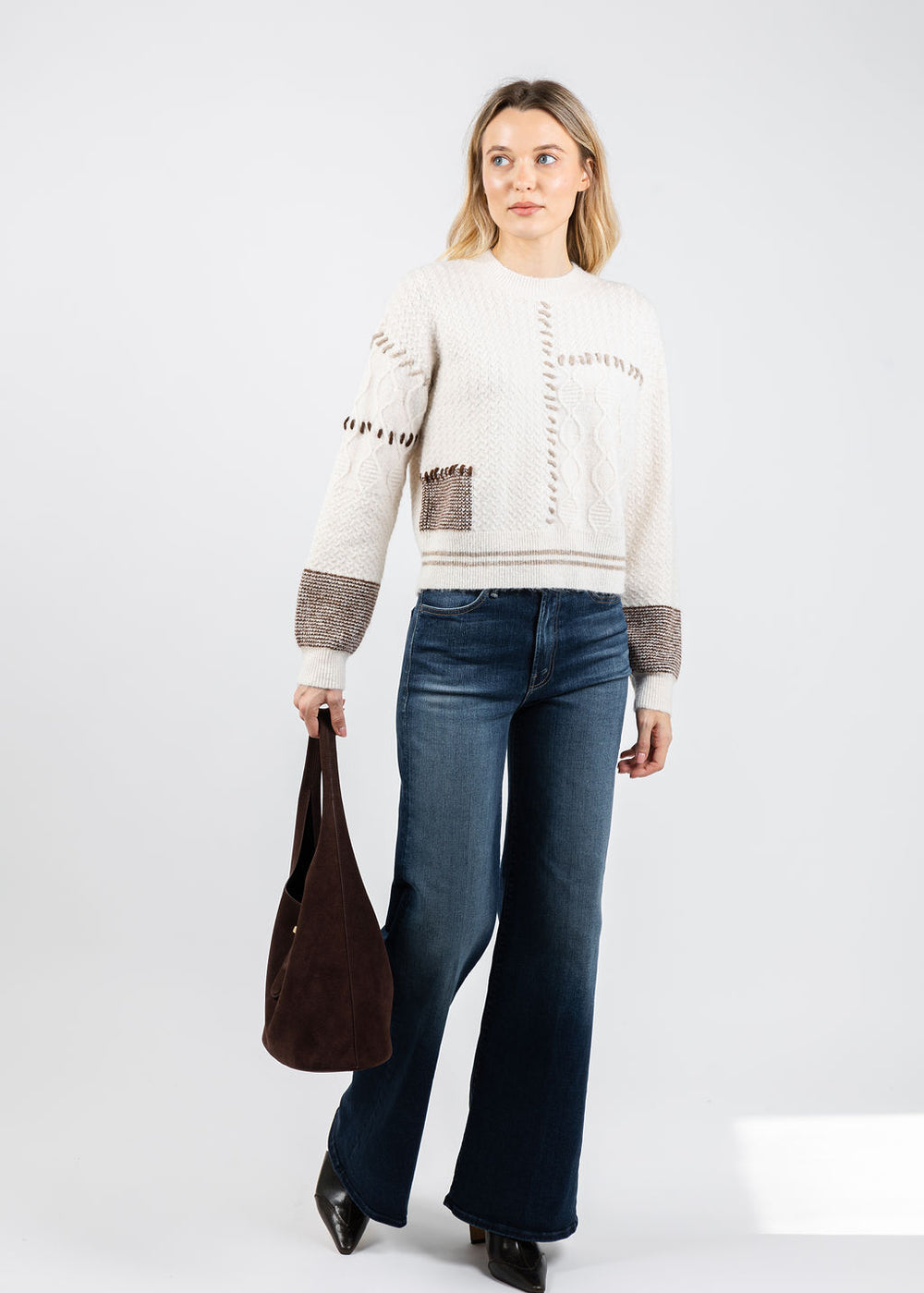 BK Patchwork Cropped Sweater in Ivory Combo available at Barbara Katz