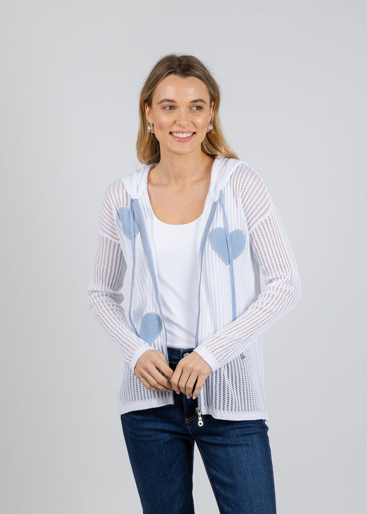 BK Patchwork Jean Heart Crochet Hoodie in White/Denim available at Barbara Katz