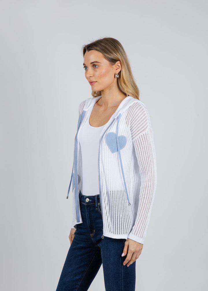 BK Patchwork Jean Heart Crochet Hoodie in White/Denim available at Barbara Katz