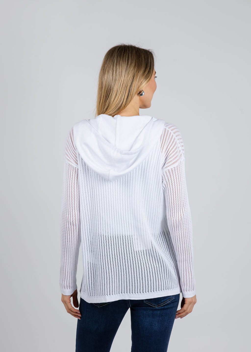 BK Patchwork Jean Heart Crochet Hoodie in White/Denim available at Barbara Katz