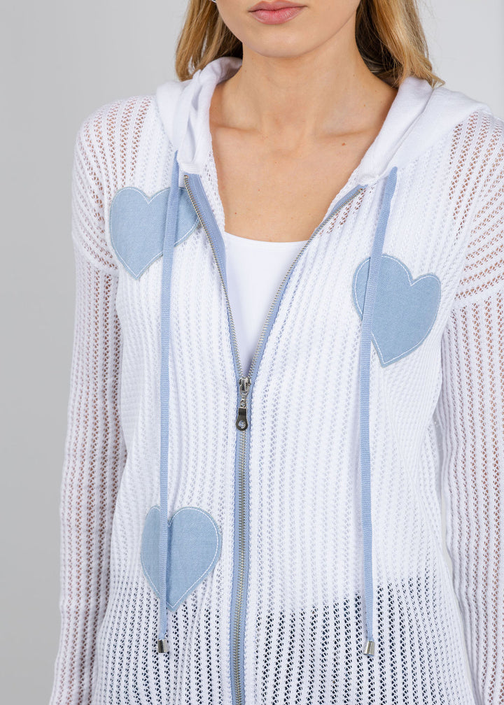BK Patchwork Jean Heart Crochet Hoodie in White/Denim available at Barbara Katz