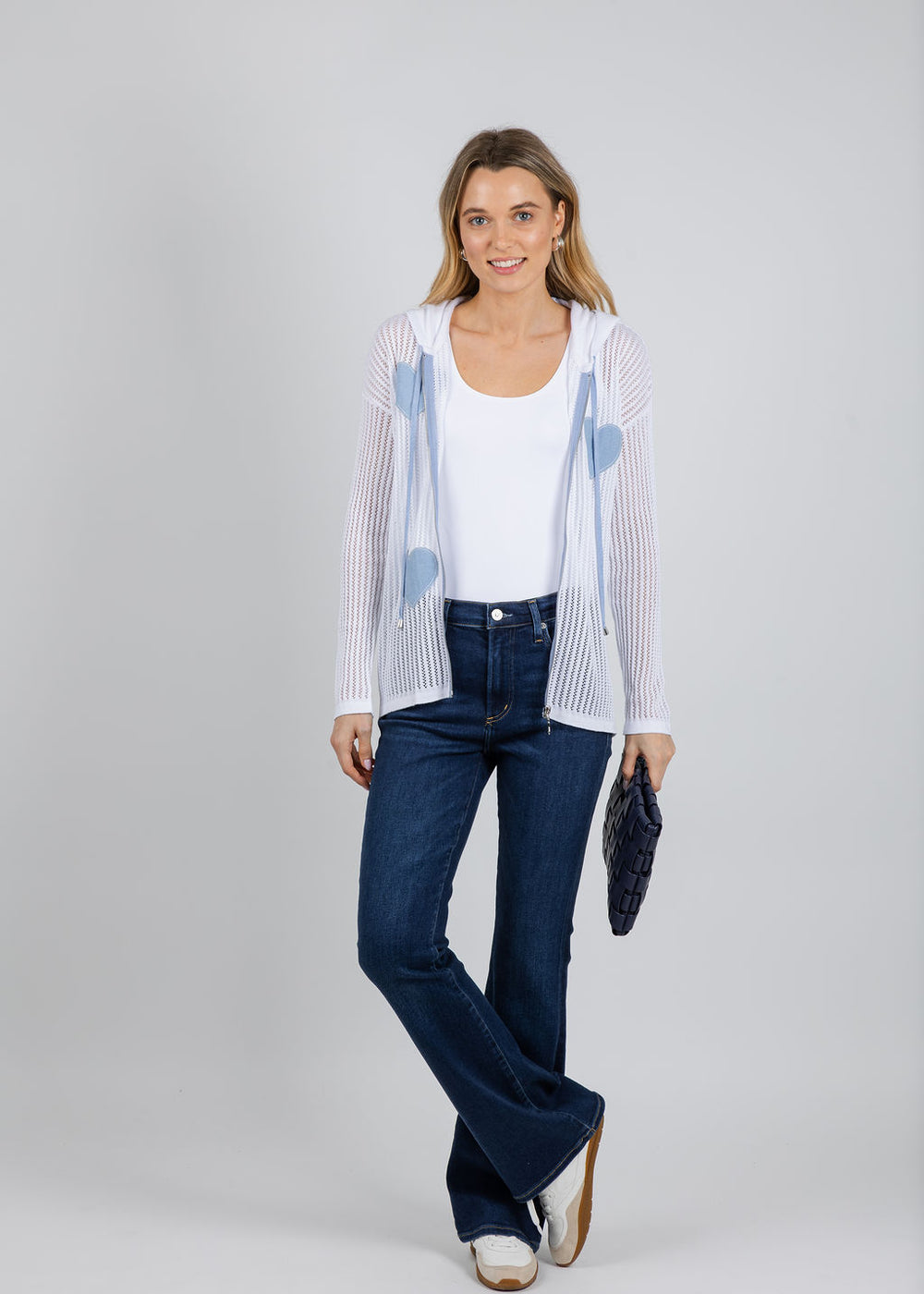 BK Patchwork Jean Heart Crochet Hoodie in White/Denim available at Barbara Katz
