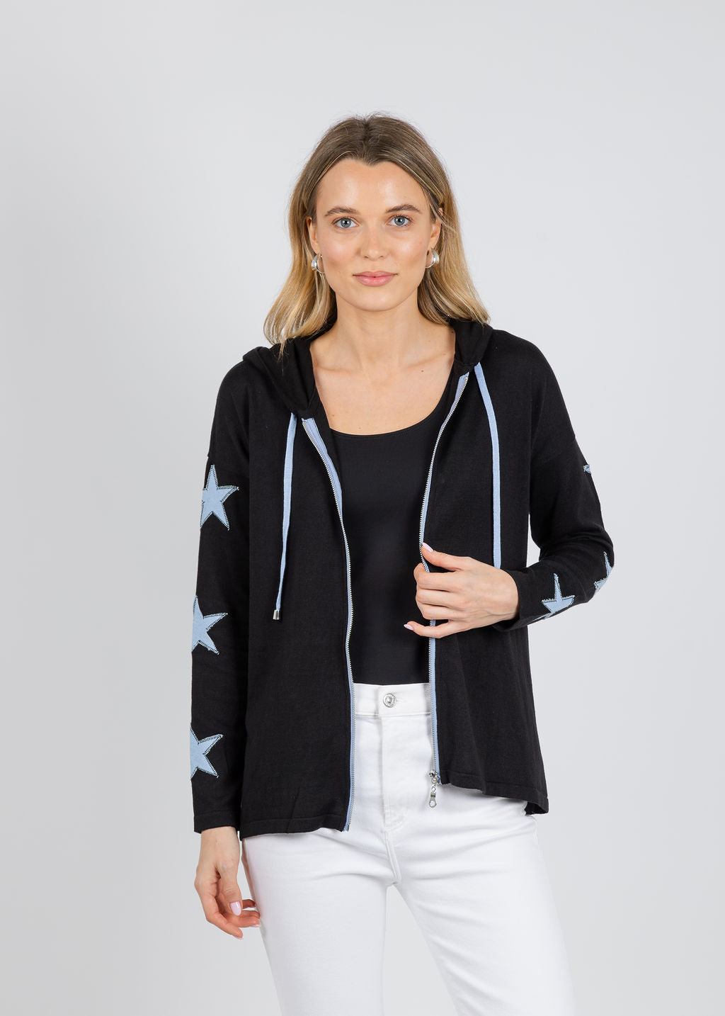 BK Patchwork Stars Jean Zip Up Jacket in Black/Denim available at Barbara Katz