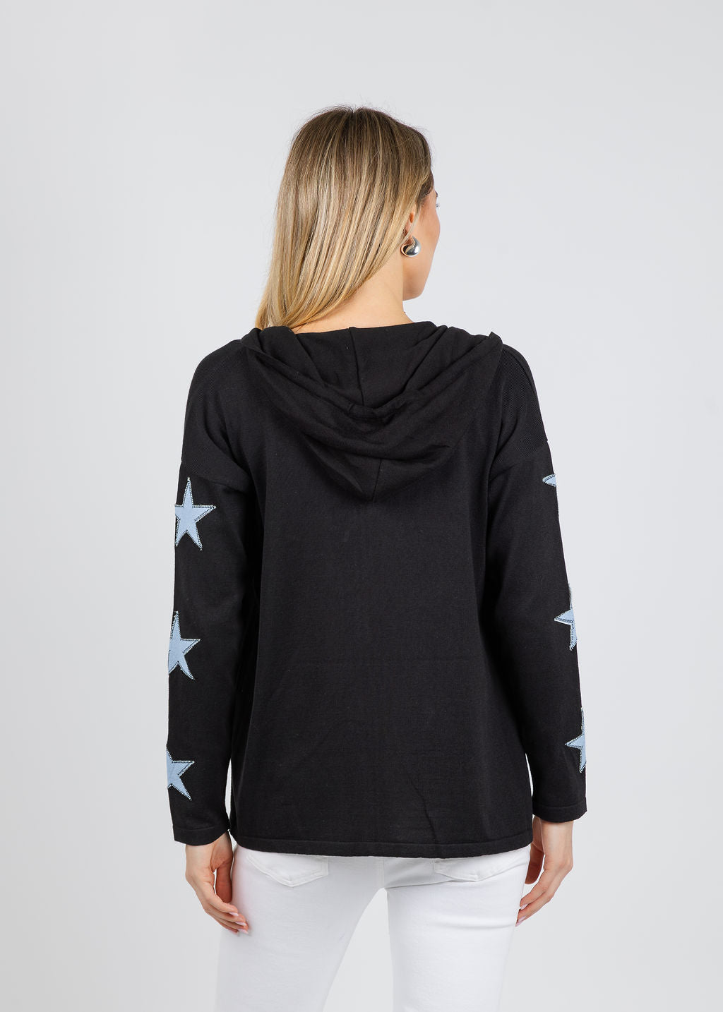 BK Patchwork Stars Jean Zip Up Jacket in Black/Denim available at Barbara Katz