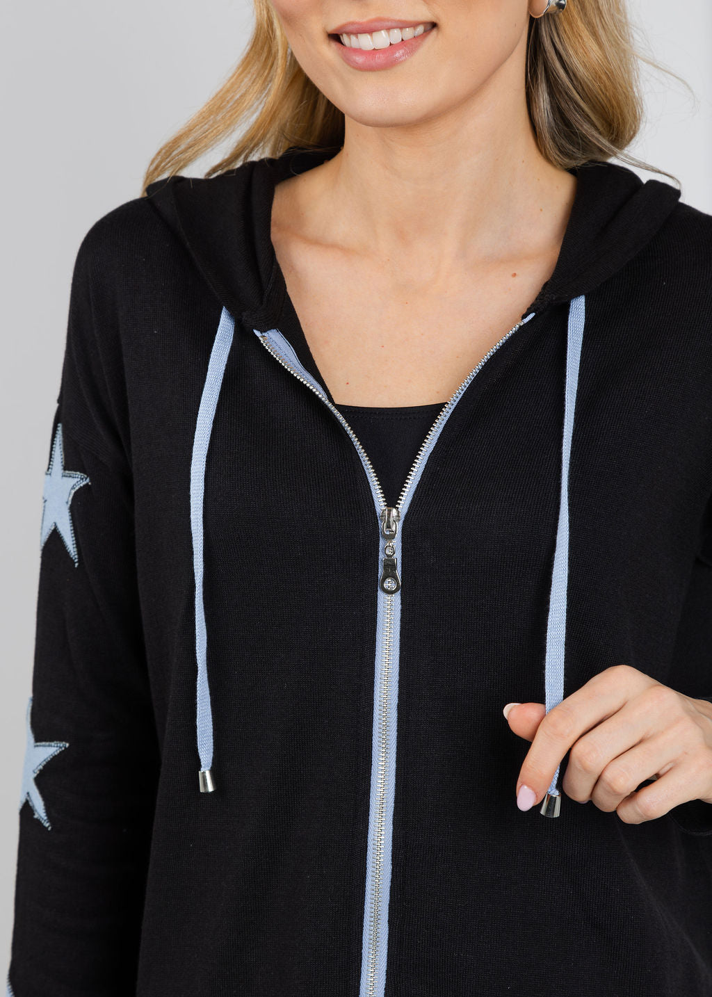 BK Patchwork Stars Jean Zip Up Jacket in Black/Denim available at Barbara Katz