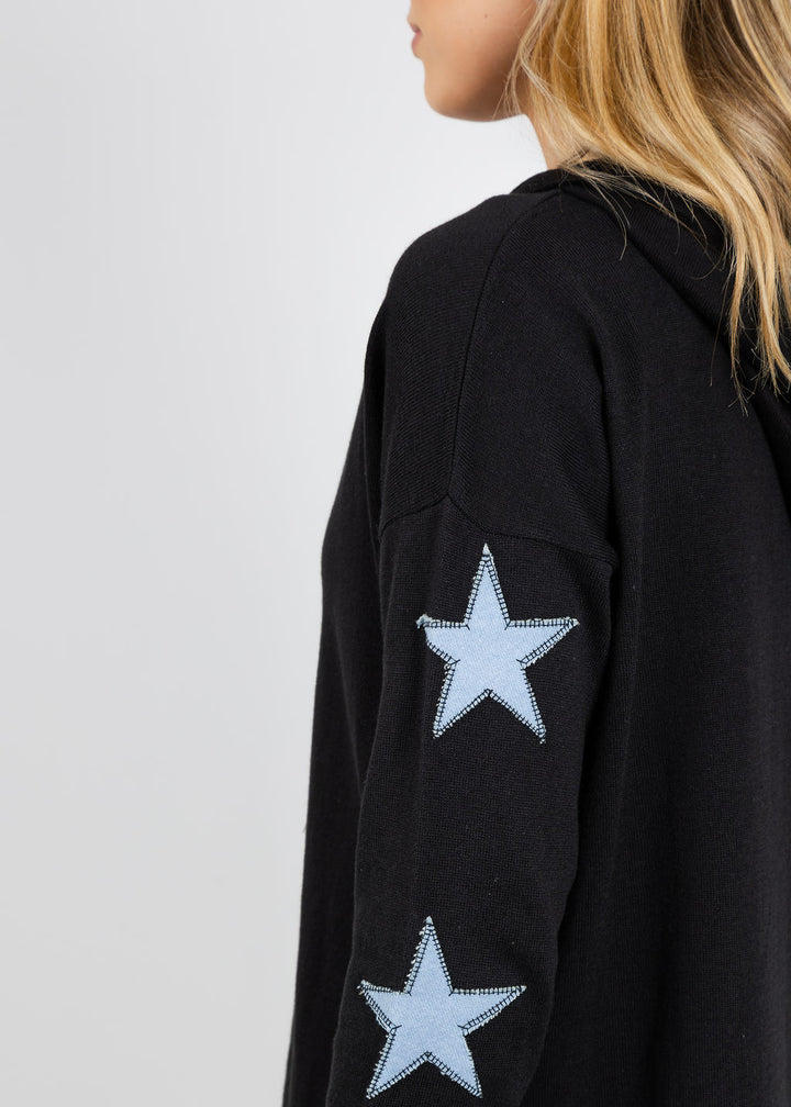 BK Patchwork Stars Jean Zip Up Jacket in Black/Denim available at Barbara Katz