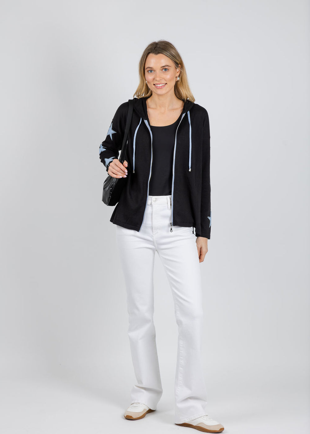 BK Patchwork Stars Jean Zip Up Jacket in Black/Denim available at Barbara Katz