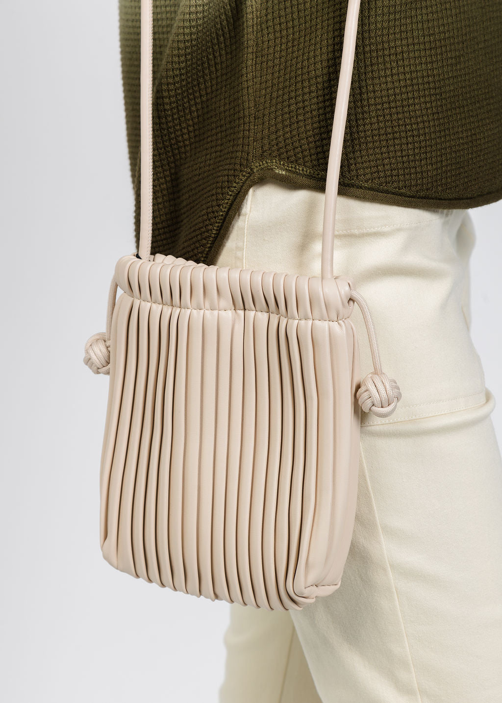 BK Pleated Drawstring Cellphone Bag in Beige available at Barbara Katz
