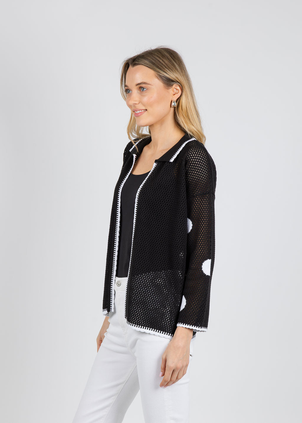 BK Polka Dot Open Weave Collar Jacket in Black/White available at Barbara Katz