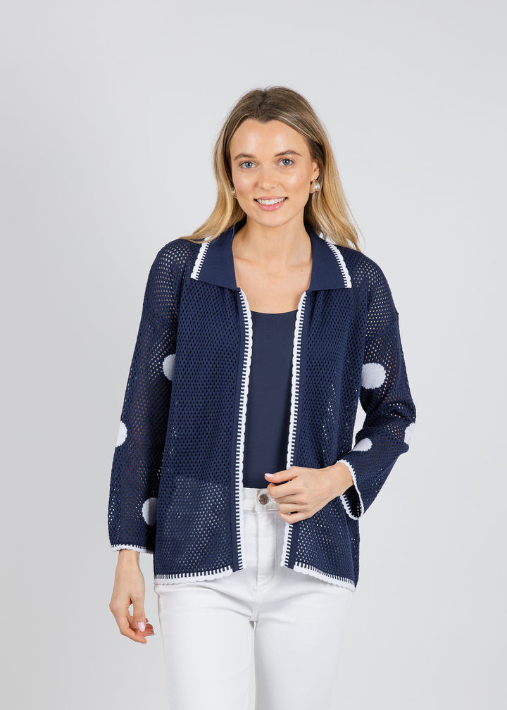 BK Polka Dot Open Weave Collar Jacket in Navy/White available at Barbara Katz