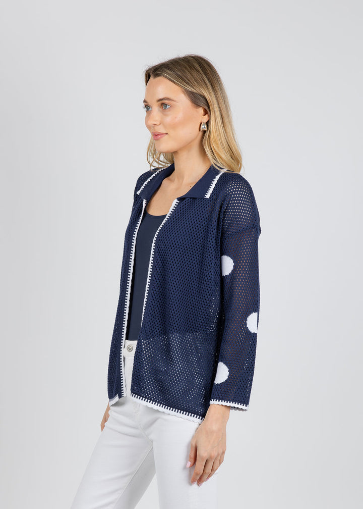 BK Polka Dot Open Weave Collar Jacket in Navy/White available at Barbara Katz
