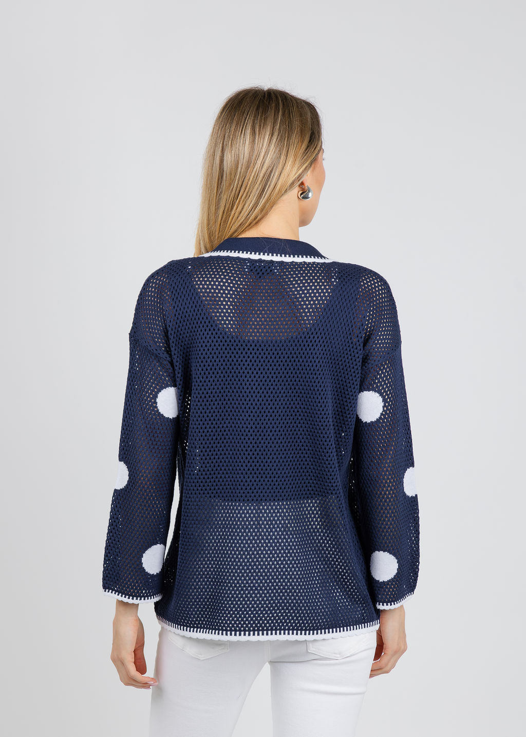 BK Polka Dot Open Weave Collar Jacket in Navy/White available at Barbara Katz