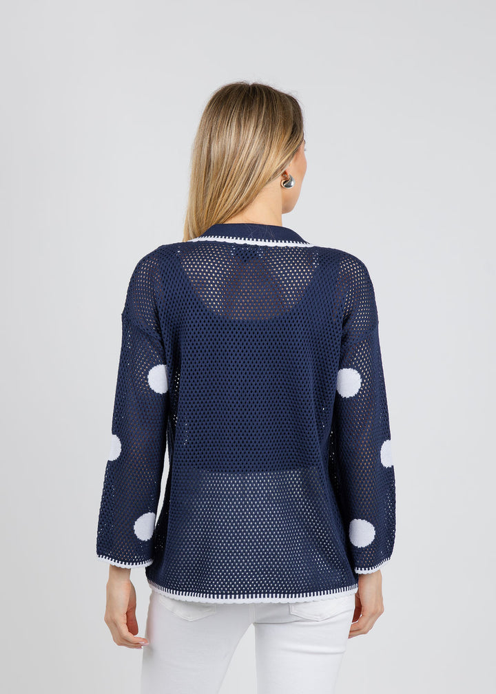 BK Polka Dot Open Weave Collar Jacket in Navy/White available at Barbara Katz