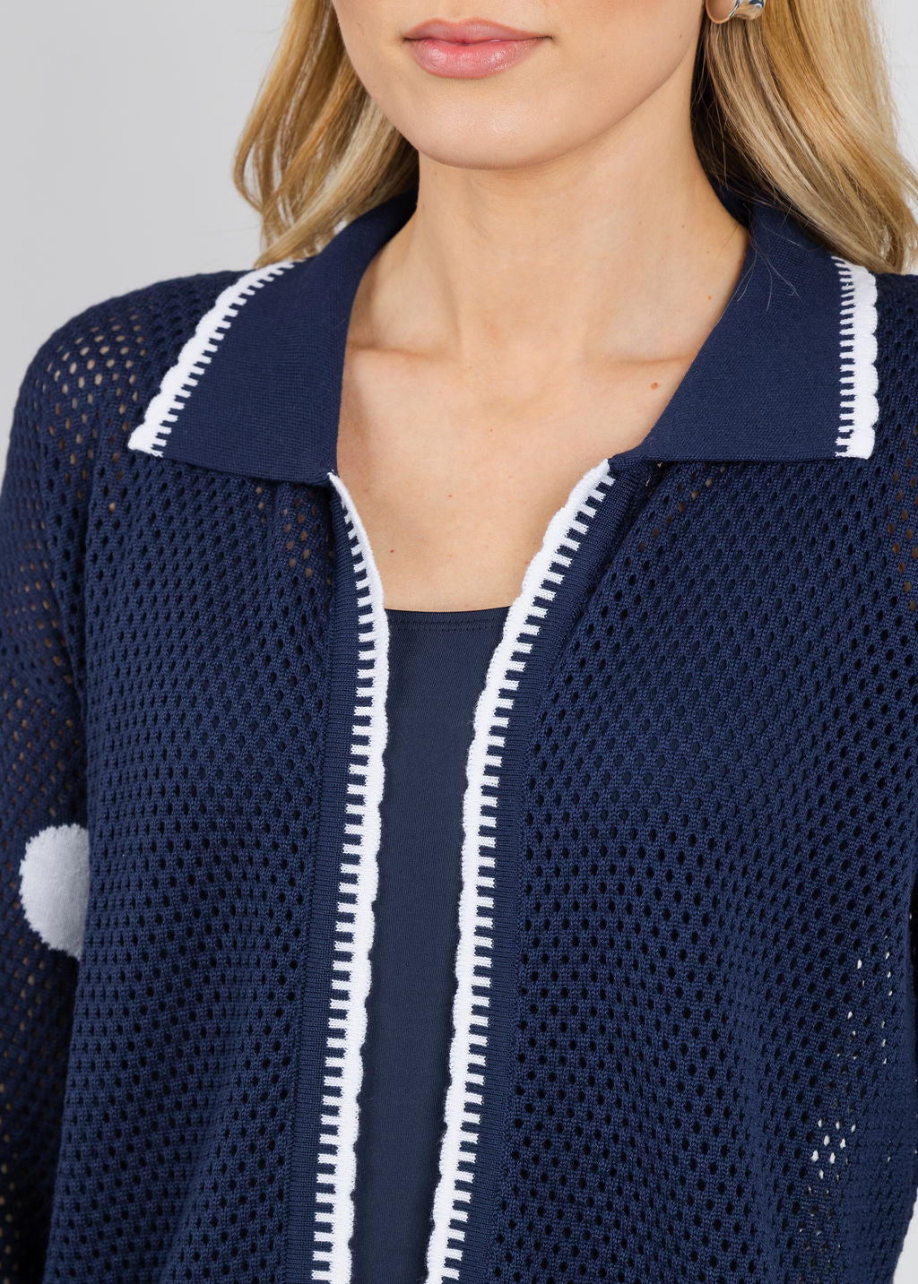 BK Polka Dot Open Weave Collar Jacket in Navy/White available at Barbara Katz