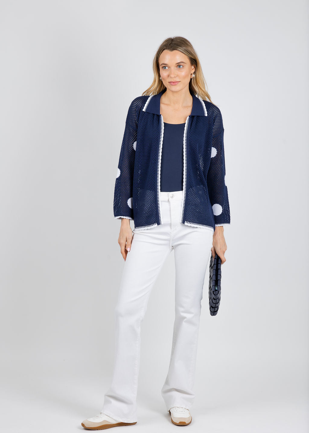BK Polka Dot Open Weave Collar Jacket in Navy/White available at Barbara Katz