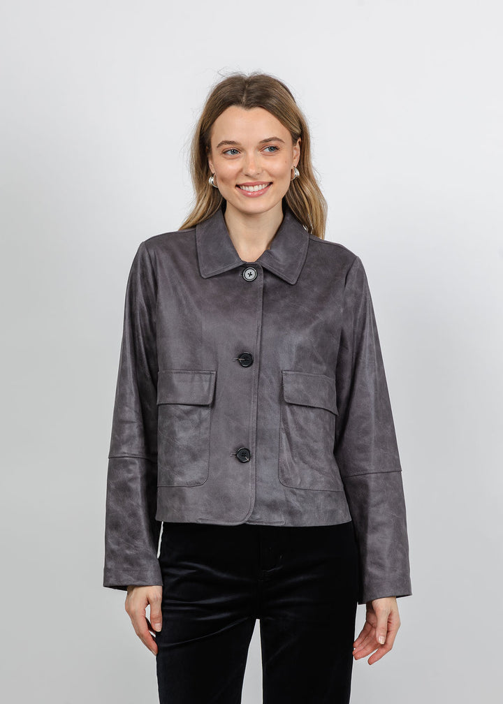 BK Printed Metallic Vegan Leather Jacket in Grey Shades available at Barbara Katz