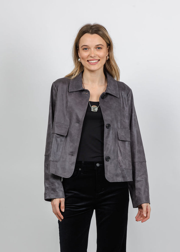 BK Printed Metallic Vegan Leather Jacket in Grey Shades available at Barbara Katz