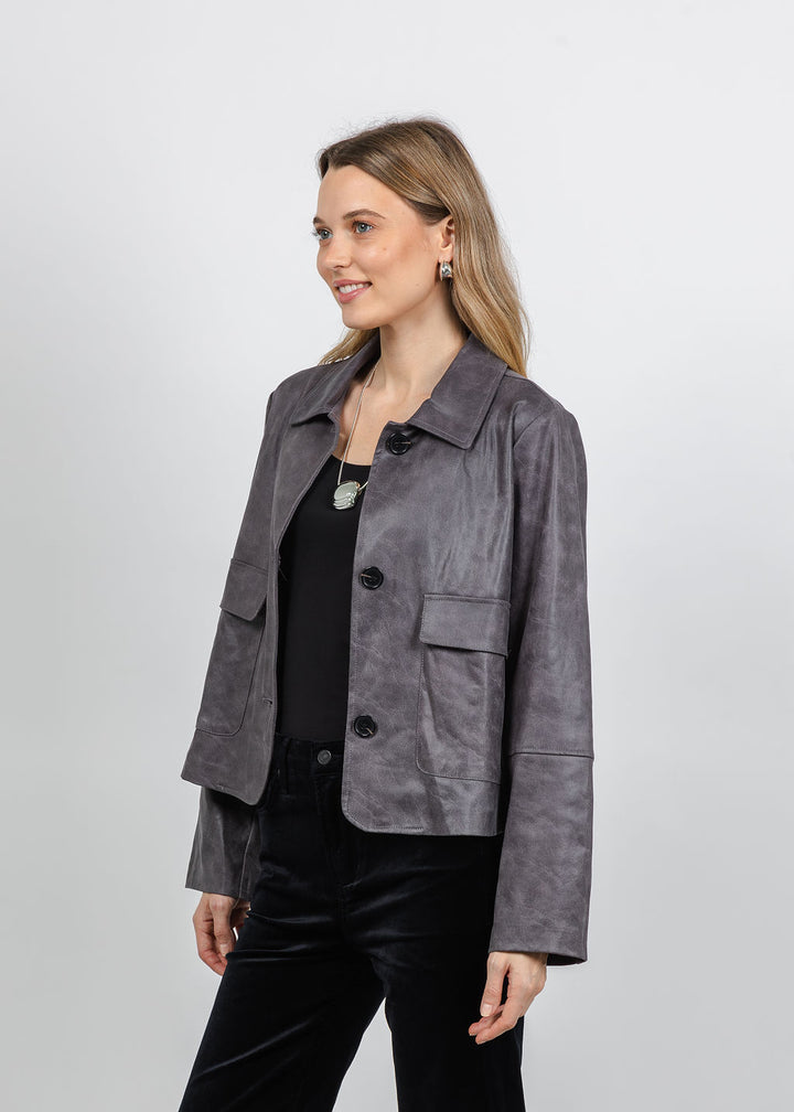 BK Printed Metallic Vegan Leather Jacket in Grey Shades available at Barbara Katz