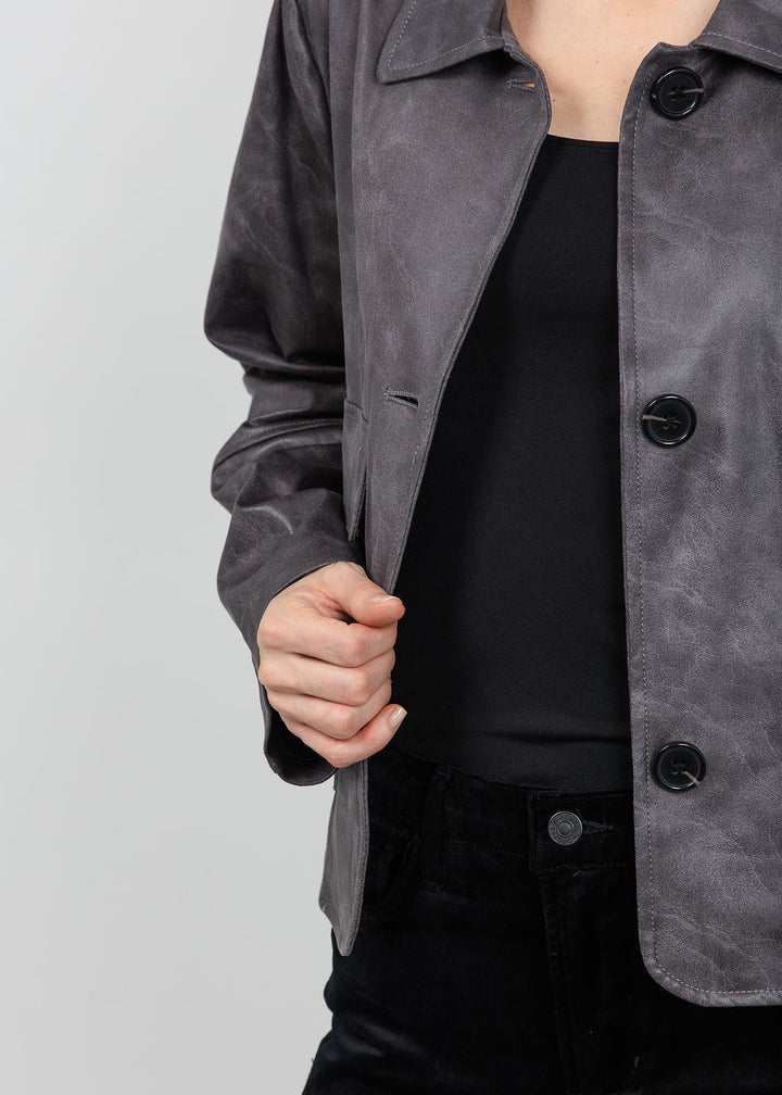 BK Printed Metallic Vegan Leather Jacket in Grey Shades available at Barbara Katz