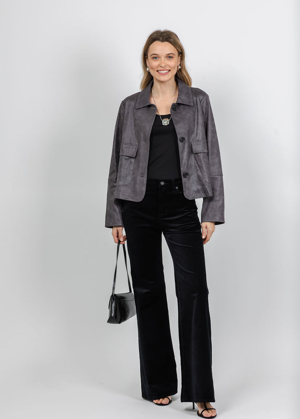 BK Printed Metallic Vegan Leather Jacket in Grey Shades available at Barbara Katz