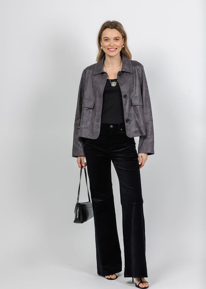 BK Printed Metallic Vegan Leather Jacket in Grey Shades available at Barbara Katz