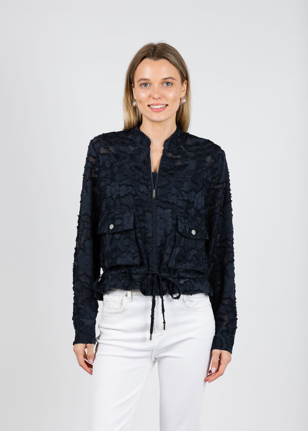 BK Priori Floral Lace Jacket in Navy available at Barbara Katz
