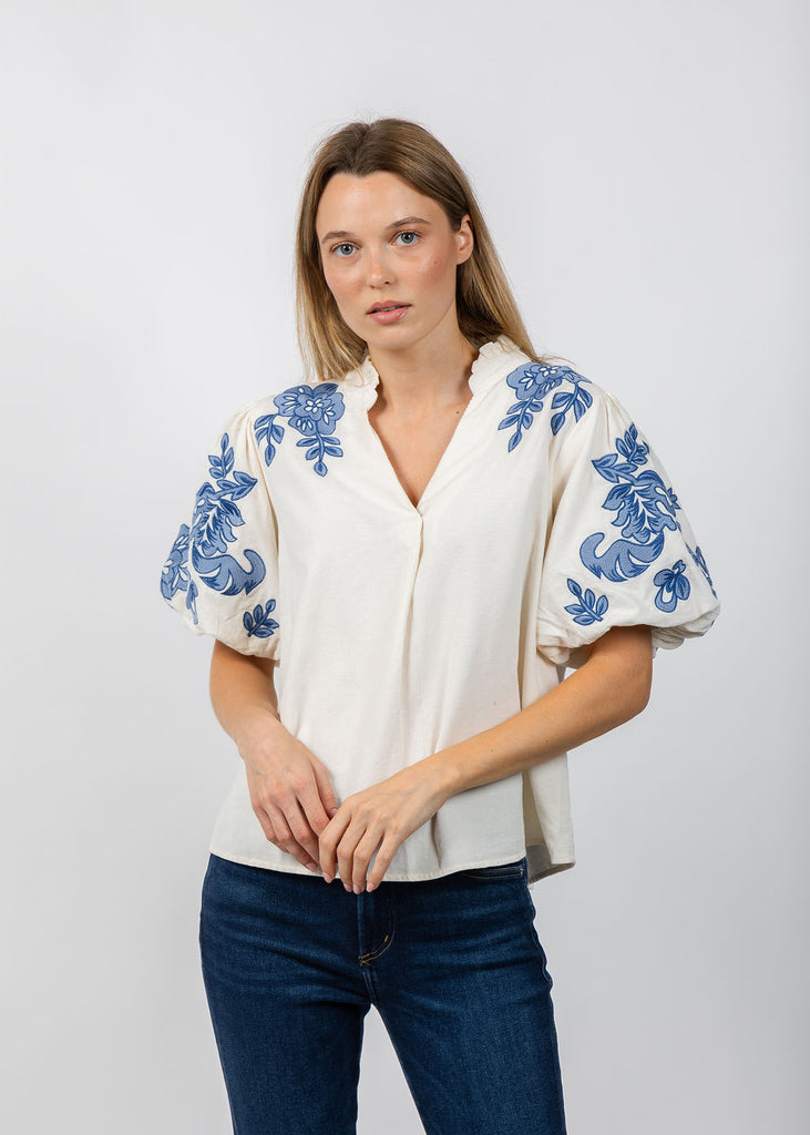 BK Puff Sleeve Embroidered Top - Cream