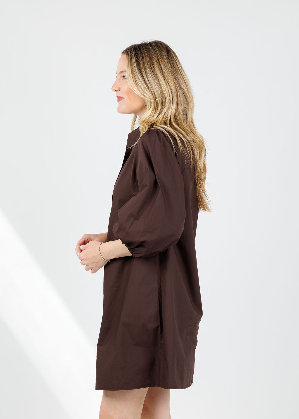 BK Sally Poplin Sleeve Dress in Coffee available at Barbara Katz