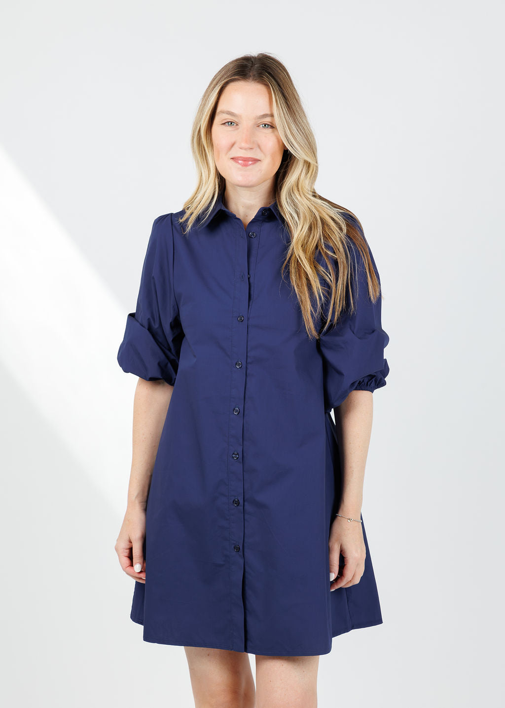 BK Sally Poplin Sleeve Dress in Navy available at Barbara Katz