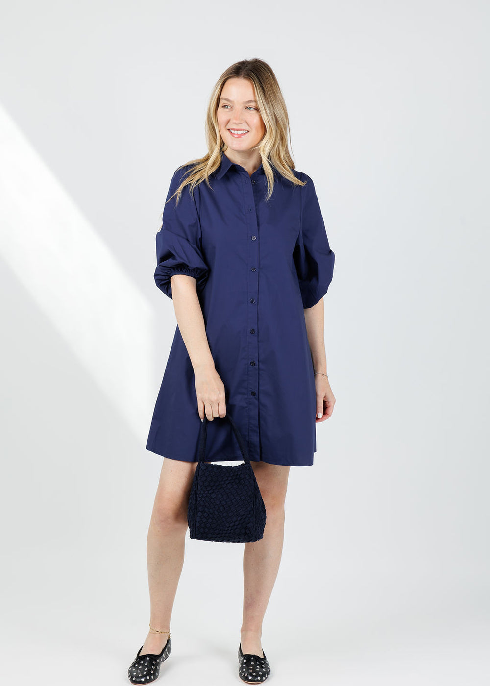 BK Sally Poplin Sleeve Dress in Navy available at Barbara Katz