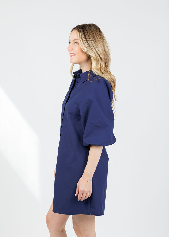 BK Sally Poplin Sleeve Dress in Navy available at Barbara Katz