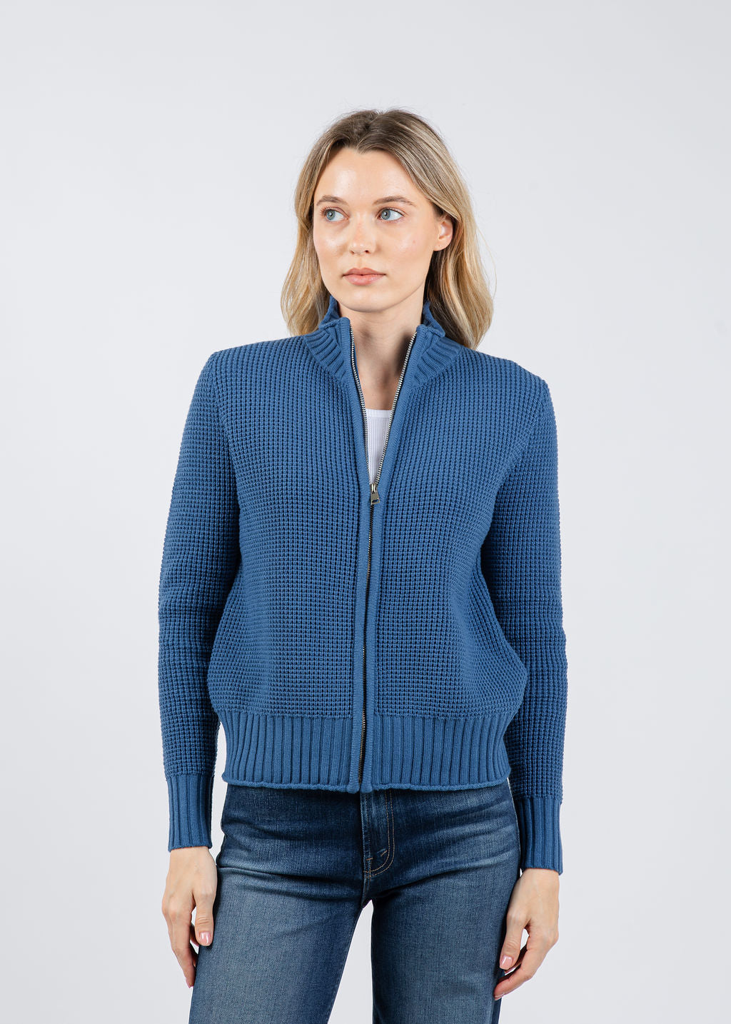 BK Seed Stitch Zip Jacket in Colony Blue available at Barbara Katz