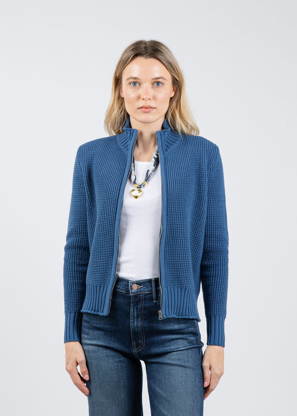 BK Seed Stitch Zip Jacket in Colony Blue available at Barbara Katz