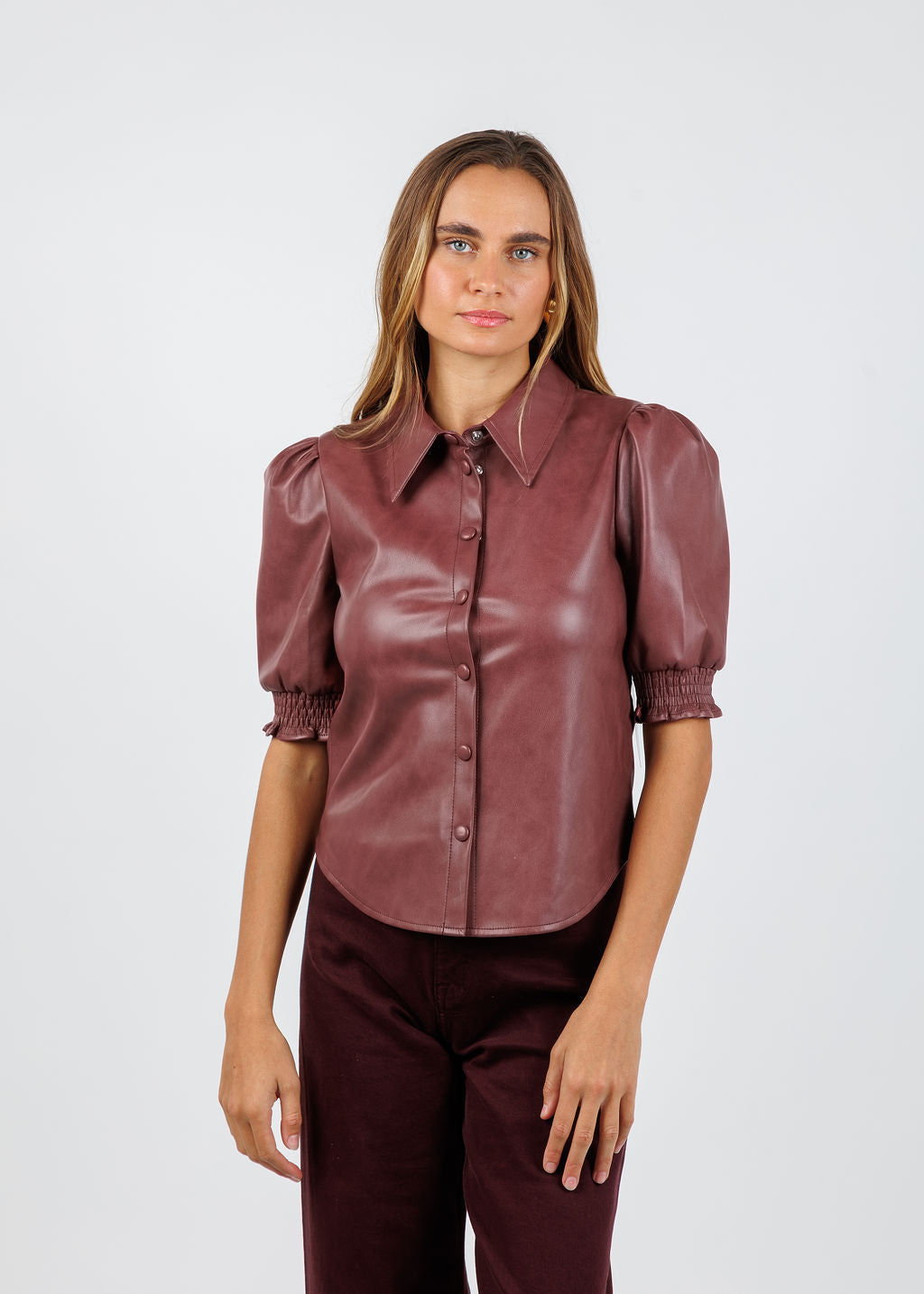 BK Senna Vegan Leather Puff Sleeve Top in Currant available at Barbara Katz