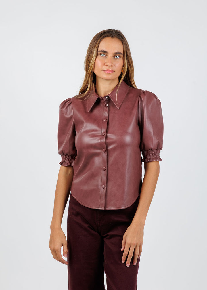 BK Senna Vegan Leather Puff Sleeve Top in Currant available at Barbara Katz