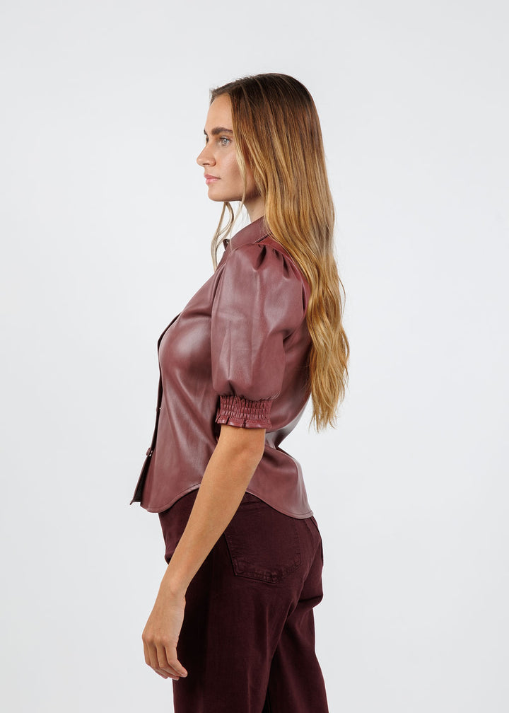 BK Senna Vegan Leather Puff Sleeve Top in Currant available at Barbara Katz