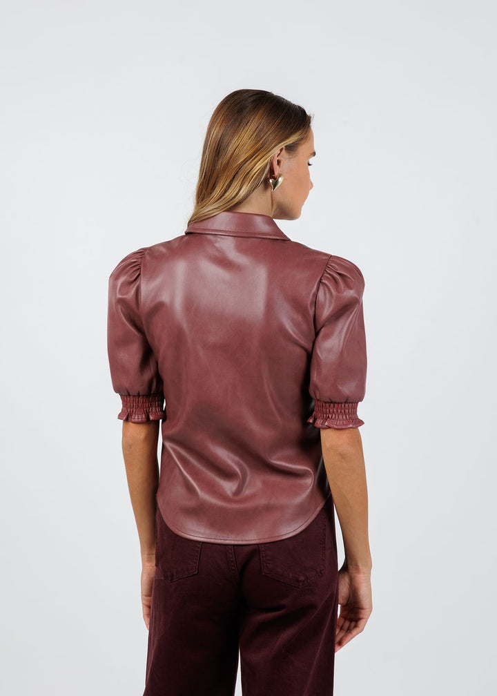 BK Senna Vegan Leather Puff Sleeve Top in Currant available at Barbara Katz