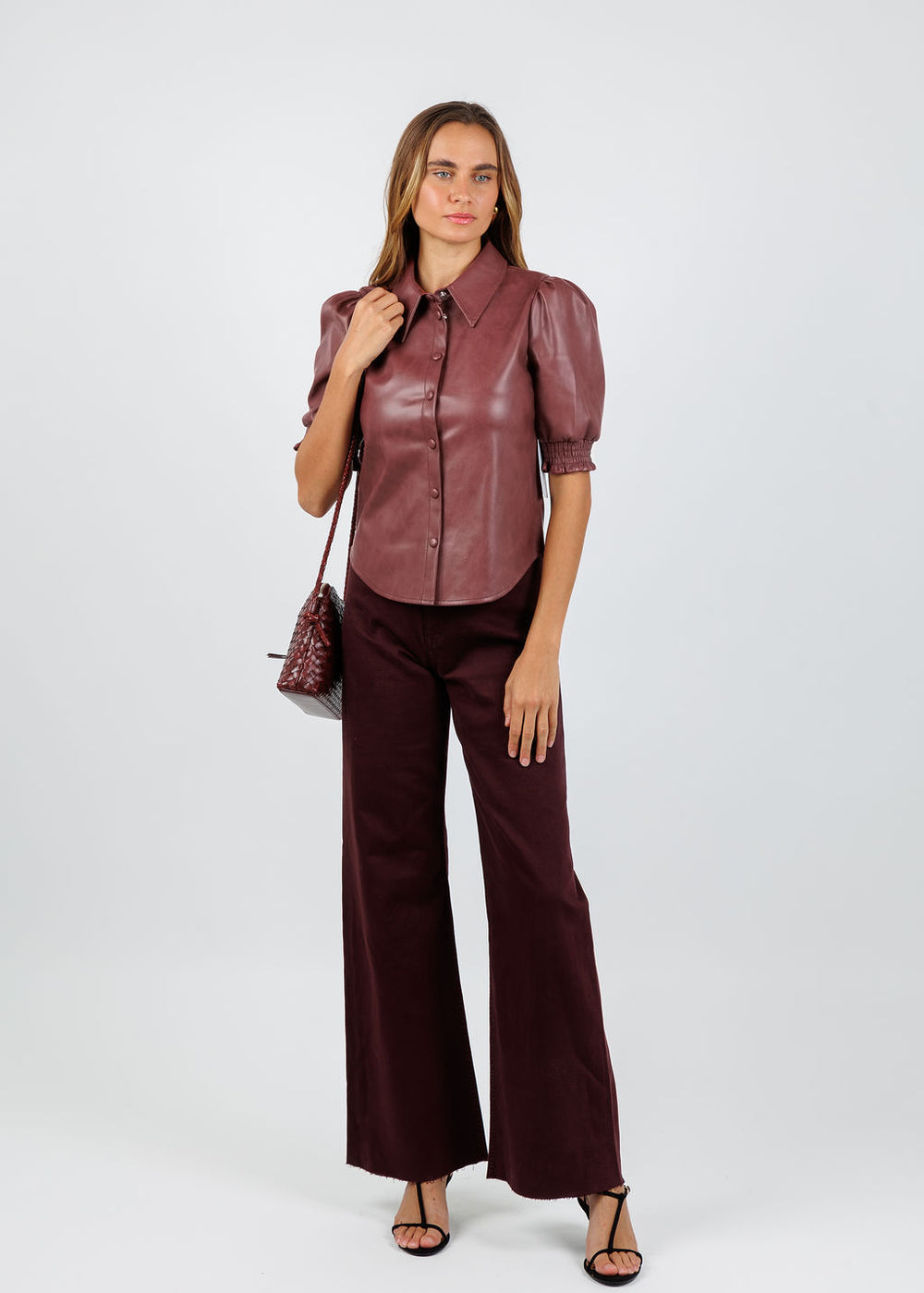 BK Senna Vegan Leather Puff Sleeve Top in Currant available at Barbara Katz