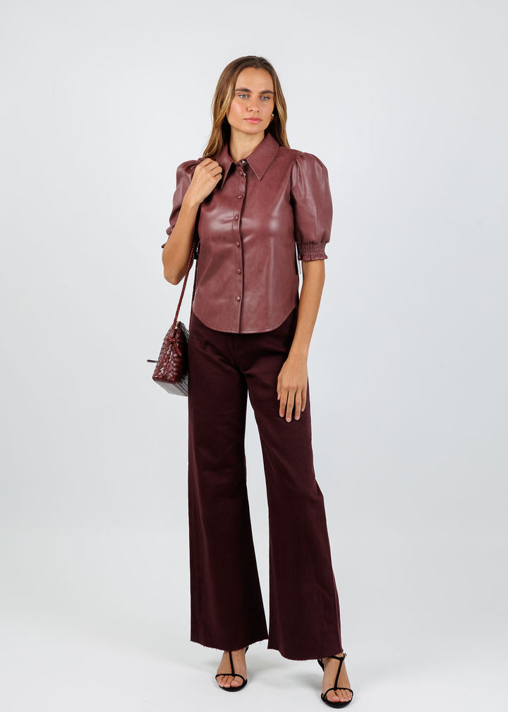 BK Senna Vegan Leather Puff Sleeve Top in Currant available at Barbara Katz