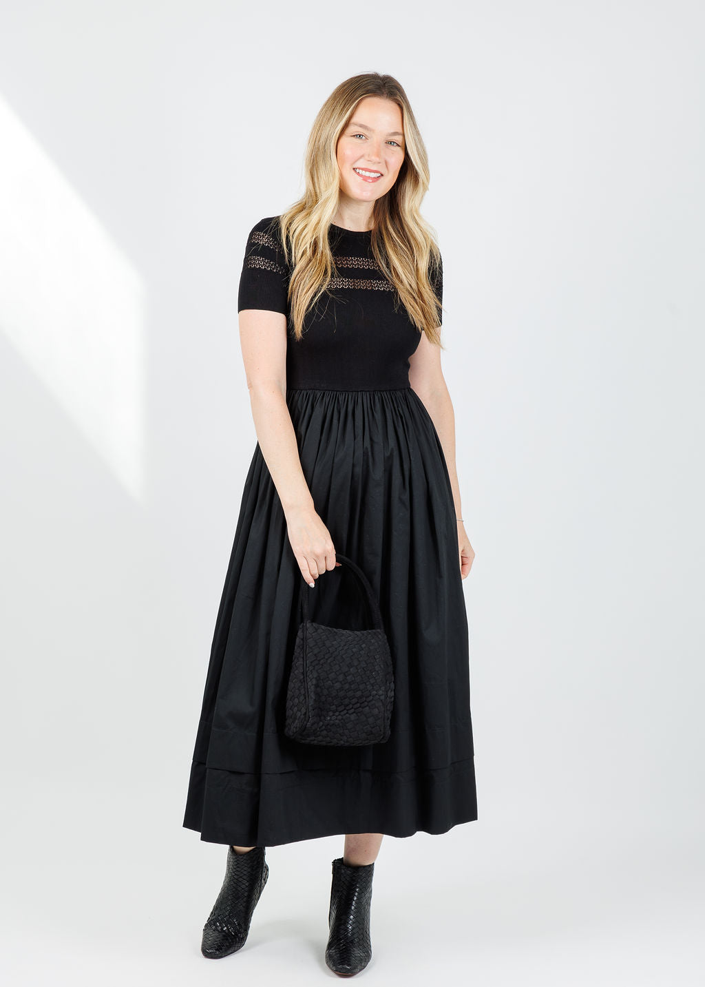 BK Sheer Trim Midi Dress in Black available at Barbara Katz