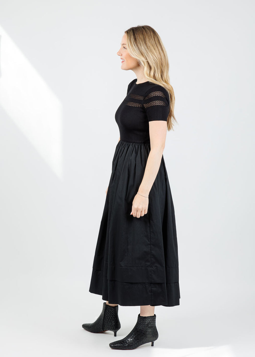 BK Sheer Trim Midi Dress in Black available at Barbara Katz