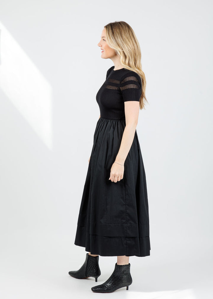BK Sheer Trim Midi Dress in Black available at Barbara Katz