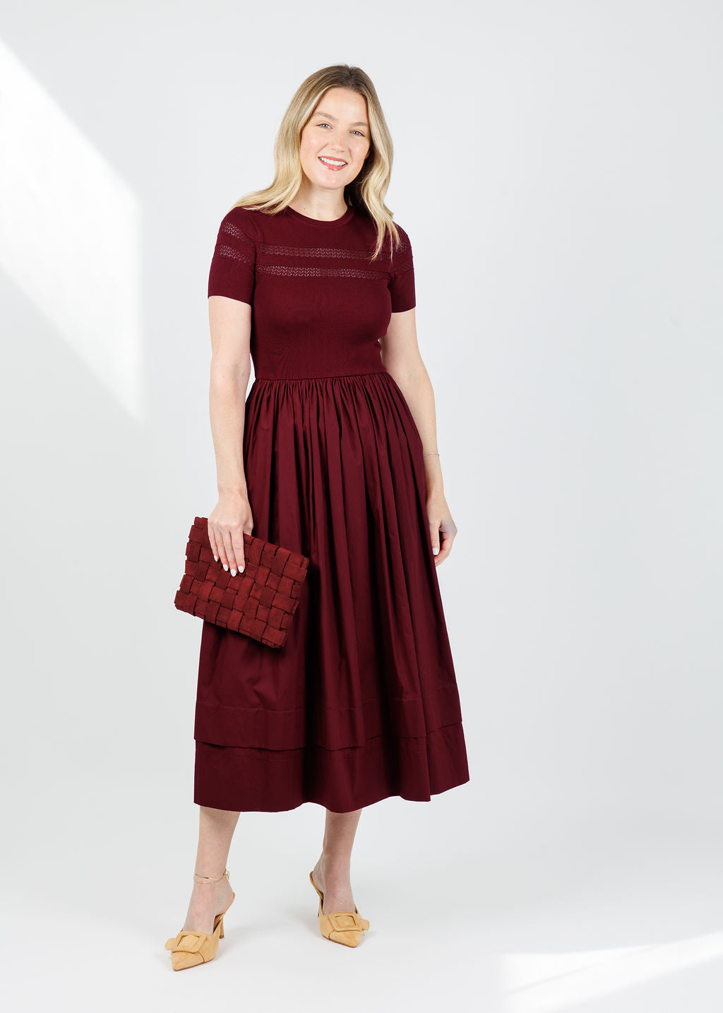BK Sheer Trim Midi Dress in Oxblood available at Barbara Katz