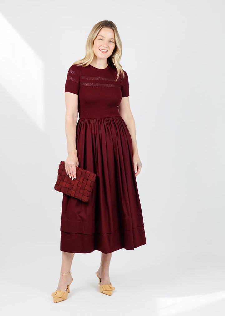 BK Sheer Trim Midi Dress in Oxblood available at Barbara Katz