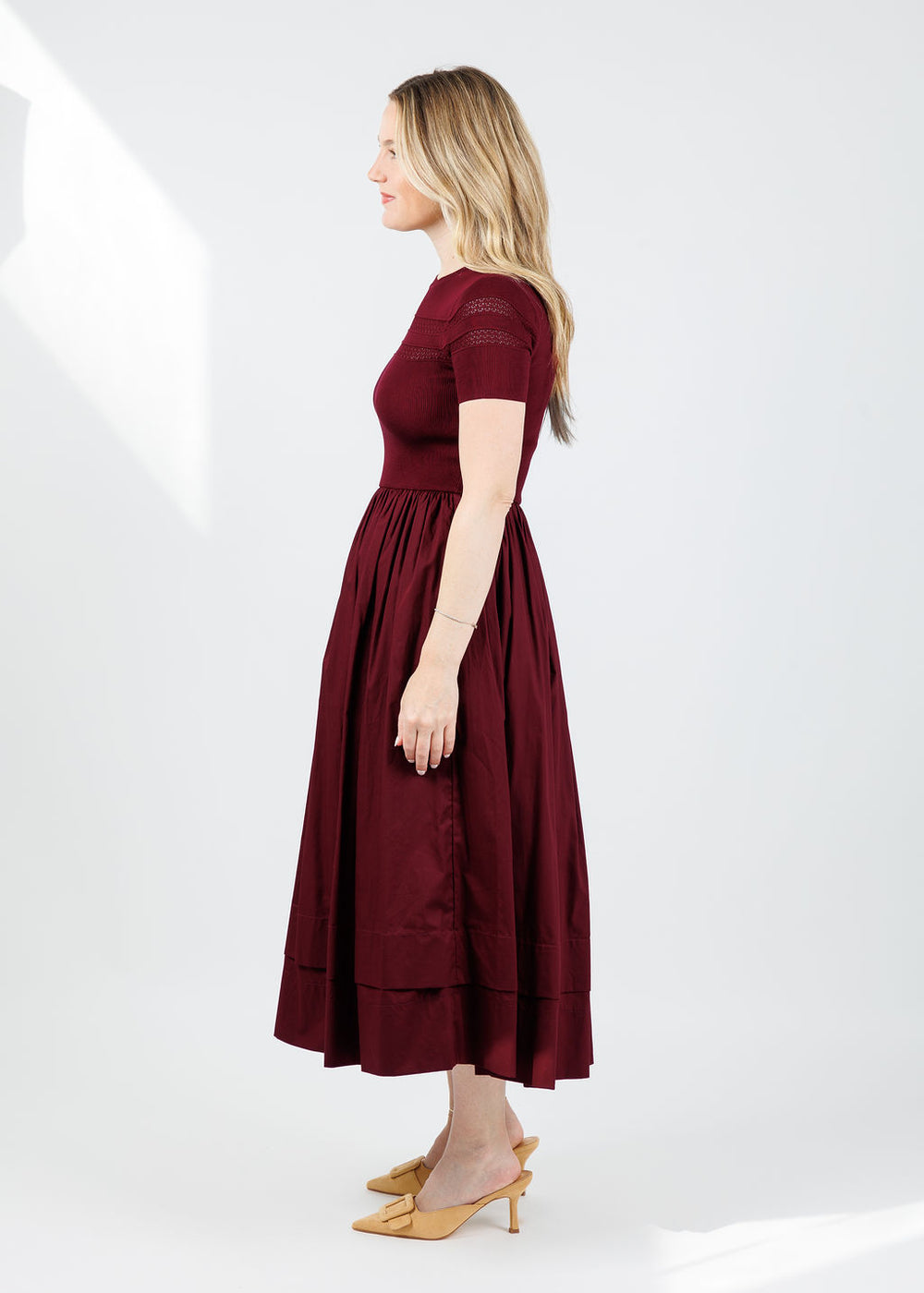 BK Sheer Trim Midi Dress in Oxblood available at Barbara Katz