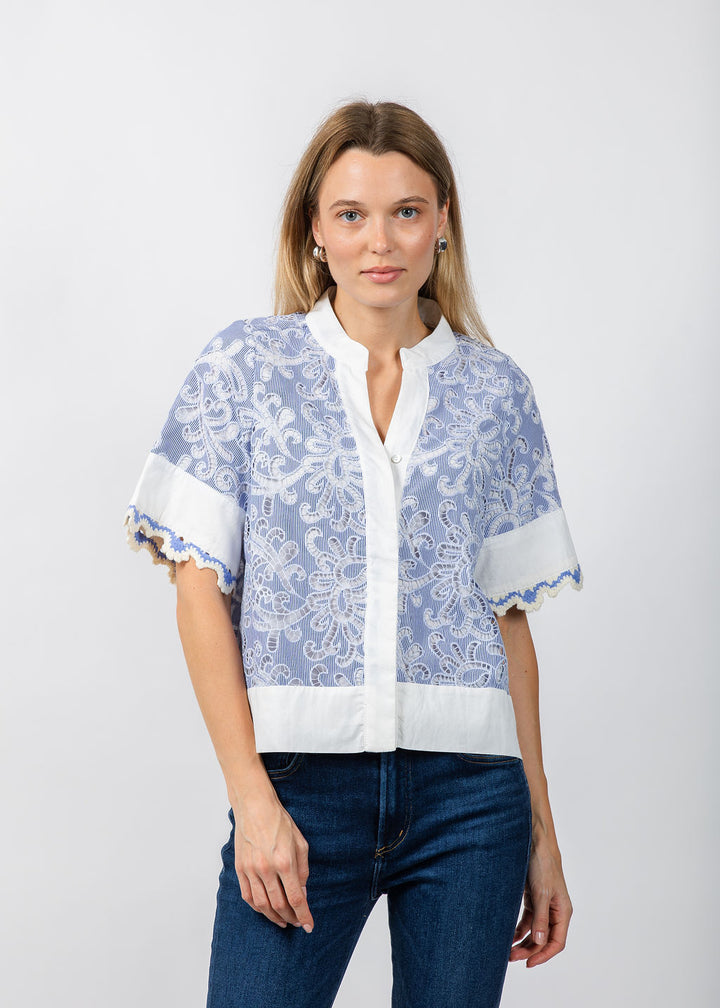 BK Short Sleeve Lace Detailing V-Neck Top in Blue available at Barbara Katz