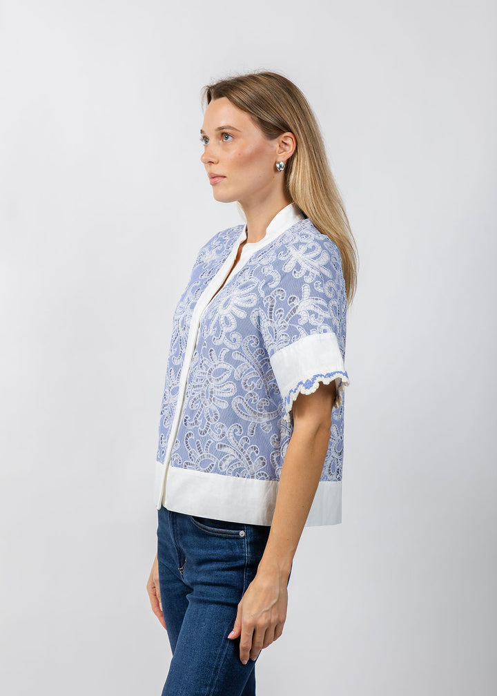 BK Short Sleeve Lace Detailing V-Neck Top in Blue available at Barbara Katz