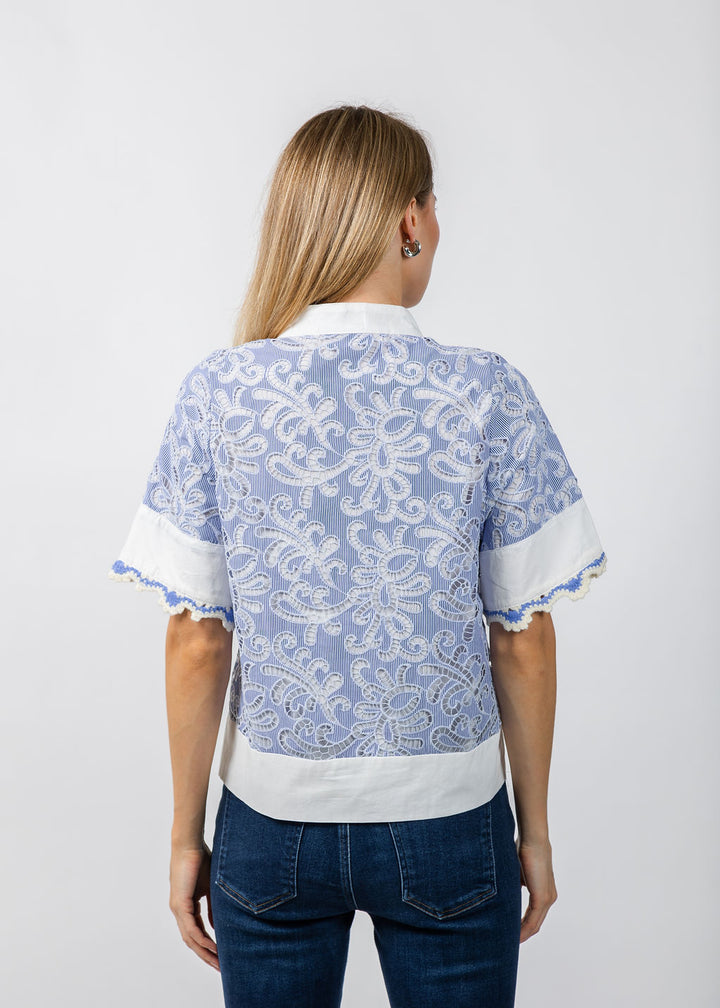 BK Short Sleeve Lace Detailing V-Neck Top in Blue available at Barbara Katz
