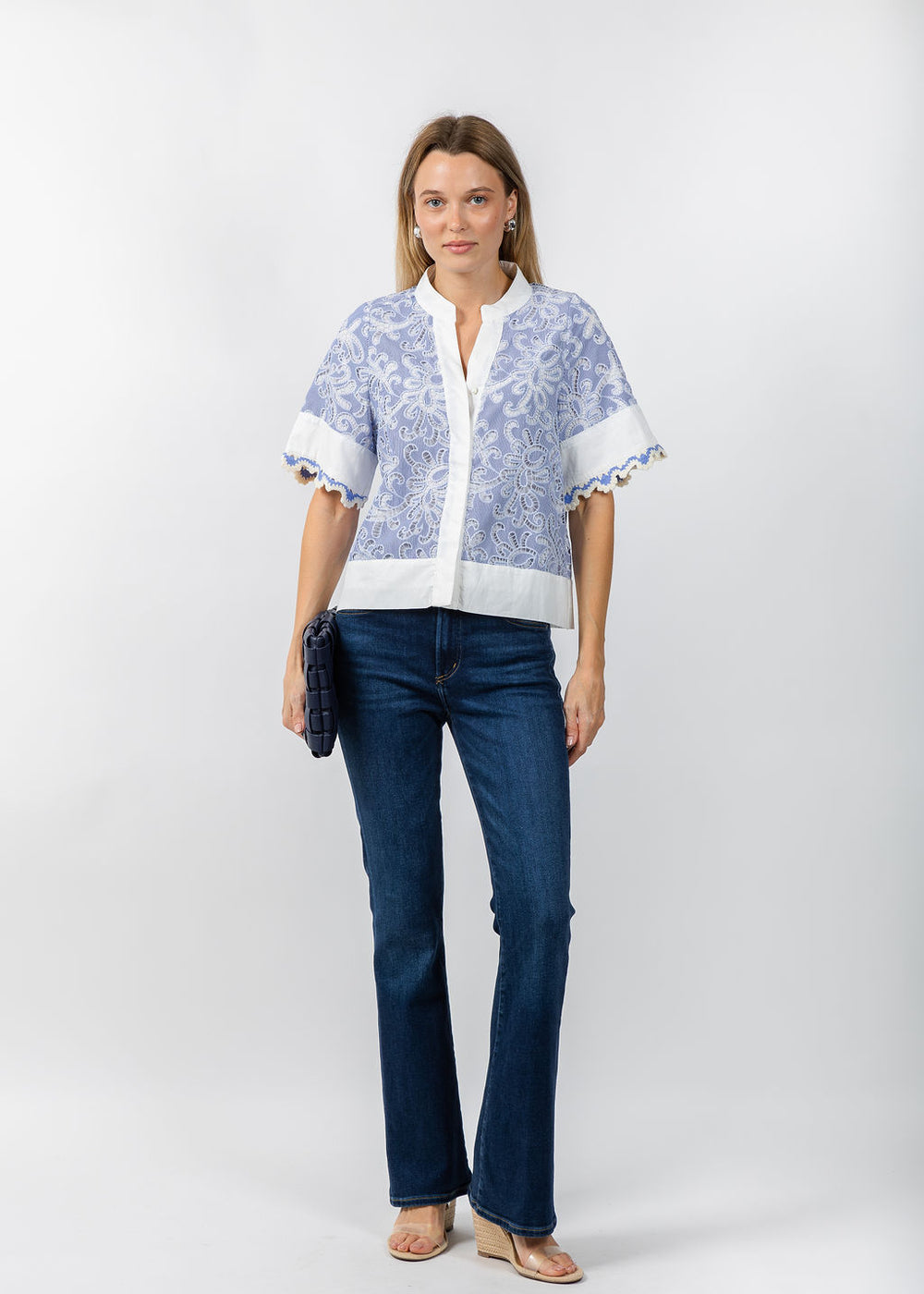 BK Short Sleeve Lace Detailing V-Neck Top in Blue available at Barbara Katz
